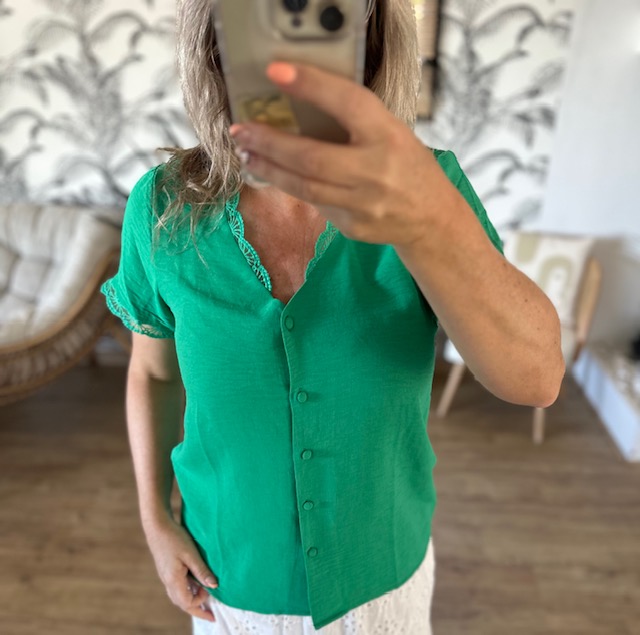 Blouse verte femme dentelle manches courtes