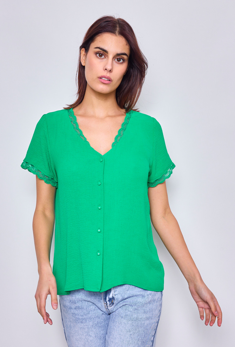 Blouse verte femme dentelle manches courtes – Image 5