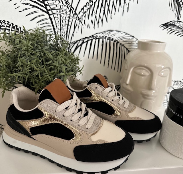 Baskets femme beige noir et doré