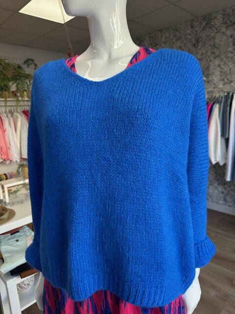 Pull bleu femme col v